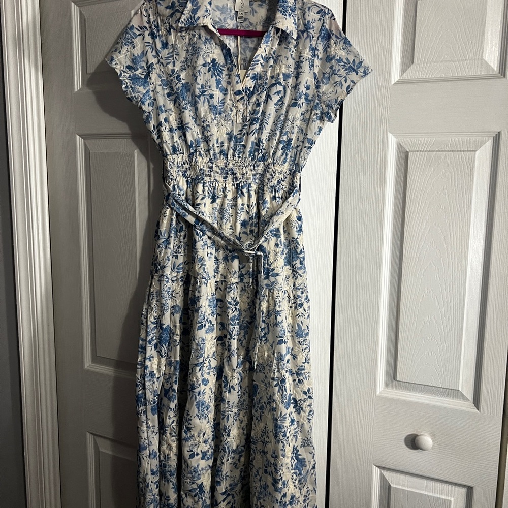 Joie Blue and White Floral Button-Front Midi Dress